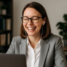A happy professional white female on a video call smiling because she is hearing exactly what she wants to hear