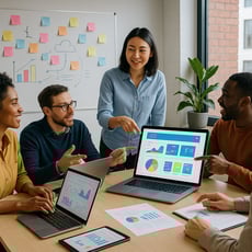 The image depicts a sleek modern office environment where a diverse team collaborates around a large conference table Laptops and digital devices are scattered across the table showcasing a vibrant mix of charts graphs and web designs projected on sc-1