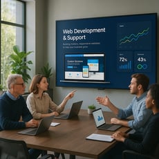 The image depicts a sleek modern office environment with a large conference table at the center surrounded by ergonomic chairs A large screen displays a vibrant presentation showcasing a beautifully designed website on one side while the other side f-1